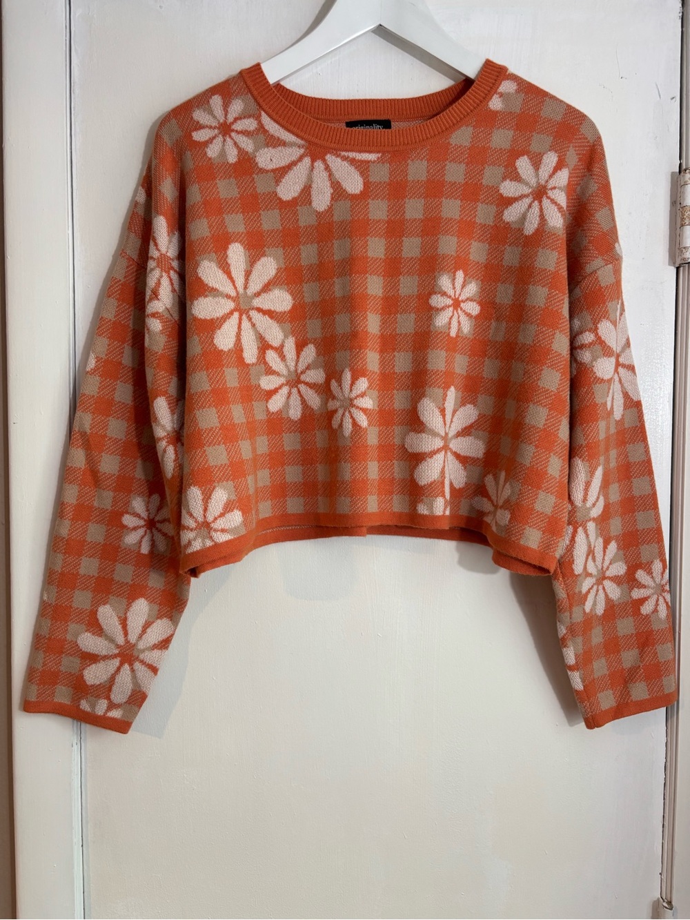 Originality Orange & Cream Gingham Daisy Cropped Sweater